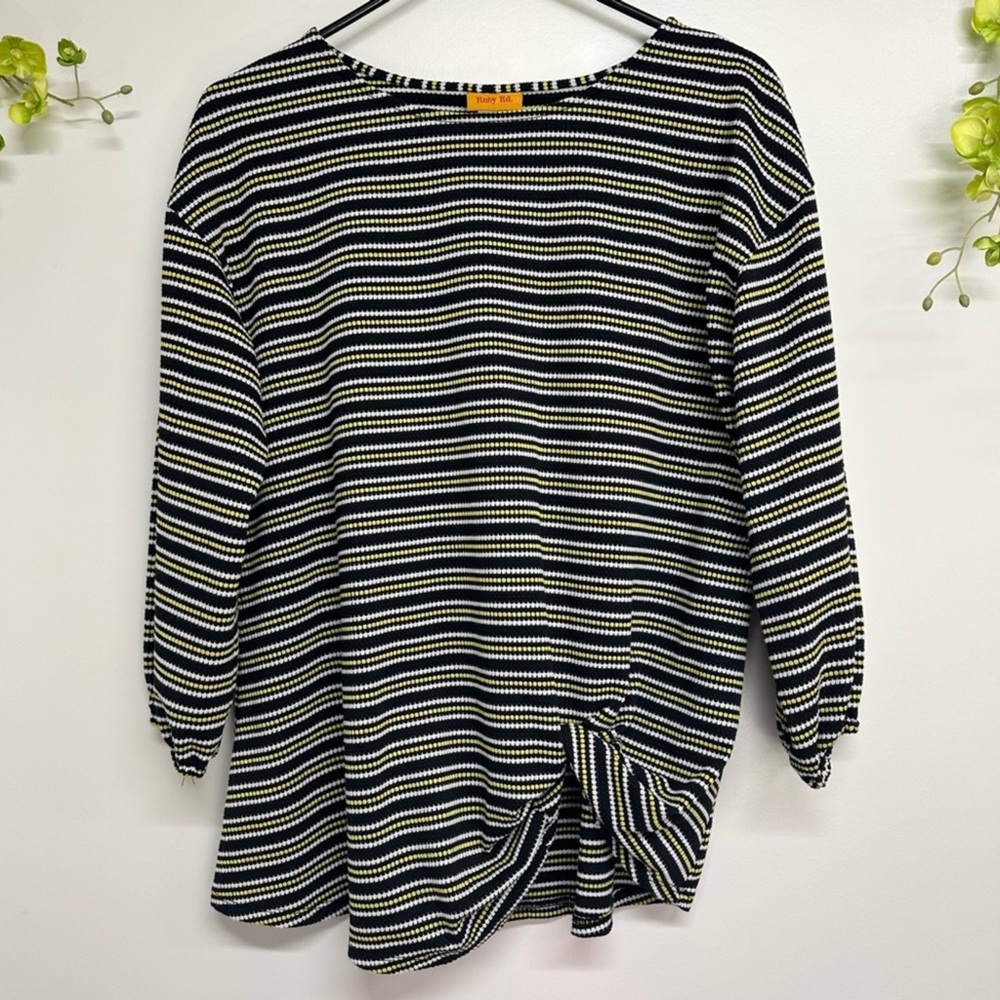 Ruby Rd. black, white, and yellow striped top, ribbed, knotted in the front - Picture 2 of 4